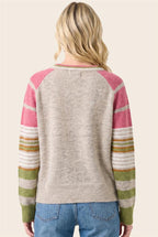 Knit Quarter Button Sweater - Pink/Tan