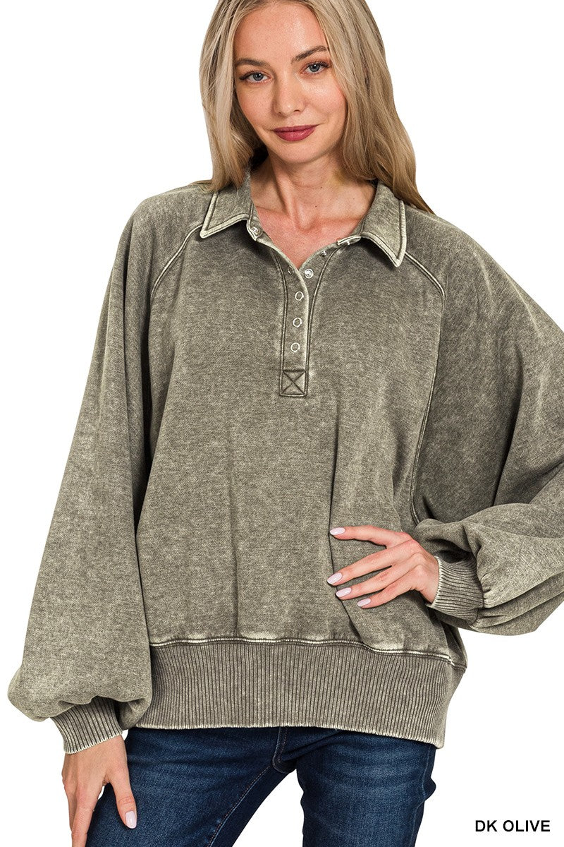 Fleece Half-Button Pullover - Dark Olive