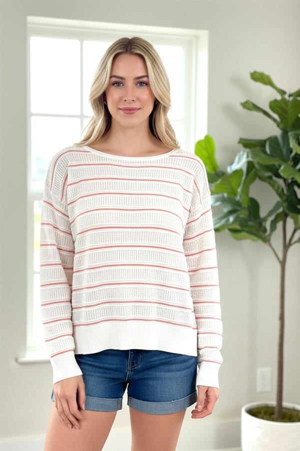 Striped Pullover LongSleeve - White/Papaya