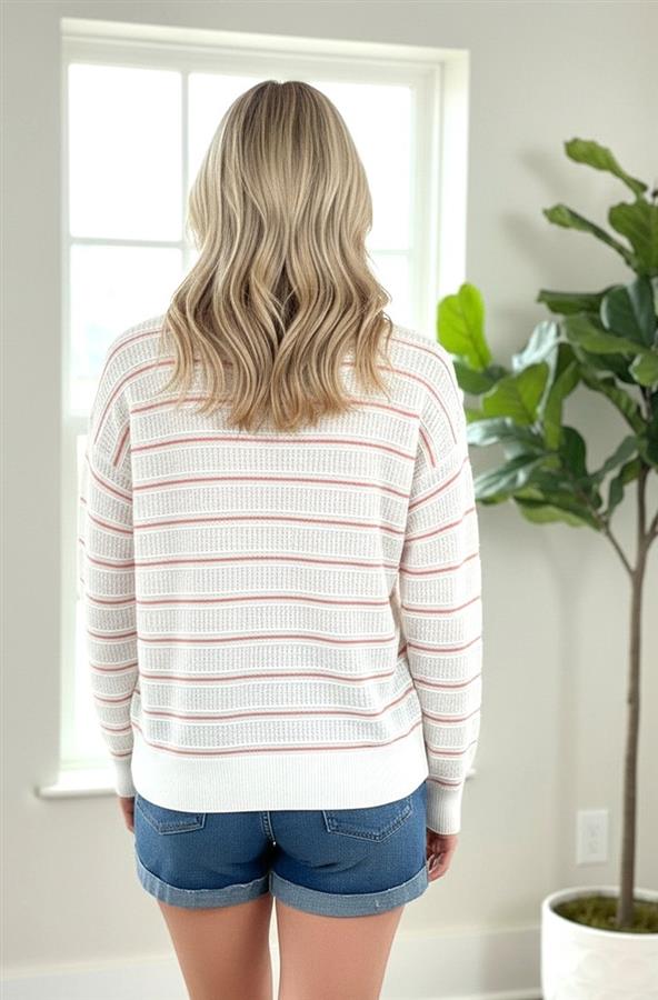 Striped Pullover LongSleeve - White/Papaya