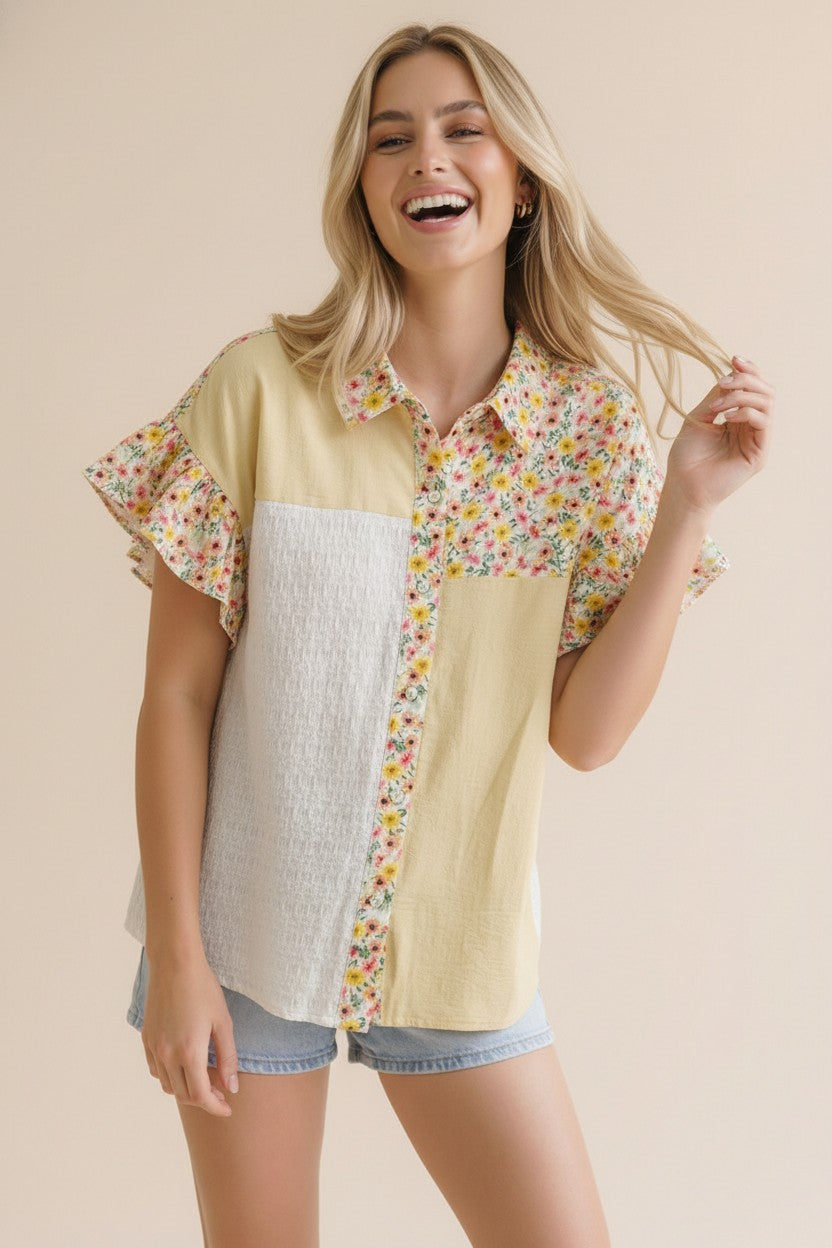 Button Down T-Shirt - Yellow Floral