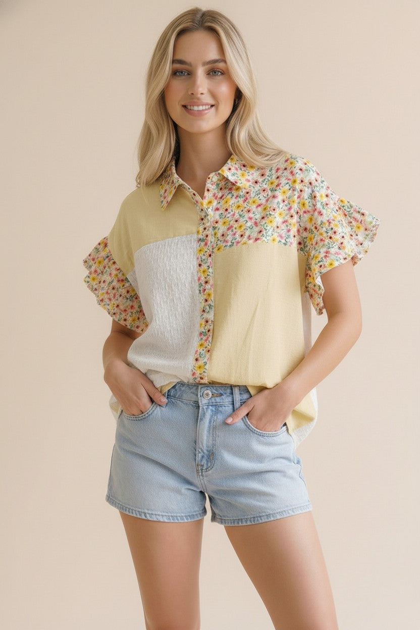 Button Down T-Shirt - Yellow Floral