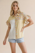 Button Down T-Shirt - Yellow Floral - Extended Size
