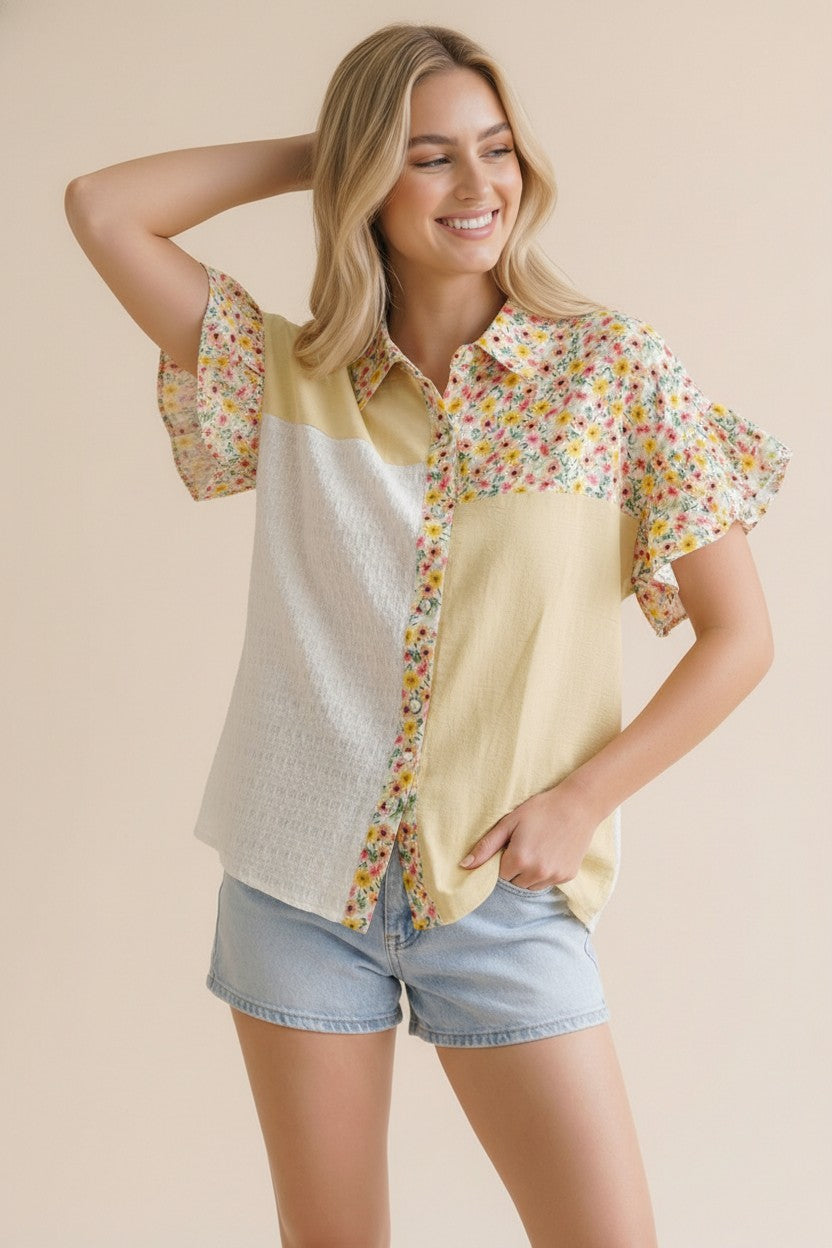 Button Down T-Shirt - Yellow Floral - Extended Size