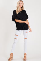 Ruffle Sleeve Tee - Black - Extended Size