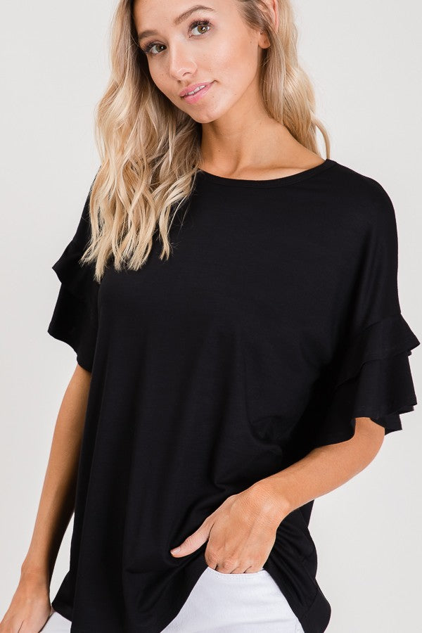 Ruffle Sleeve Tee - Black - Extended Size
