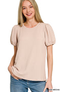 Ribbed Puff Sleeve Top - Ash Mocha