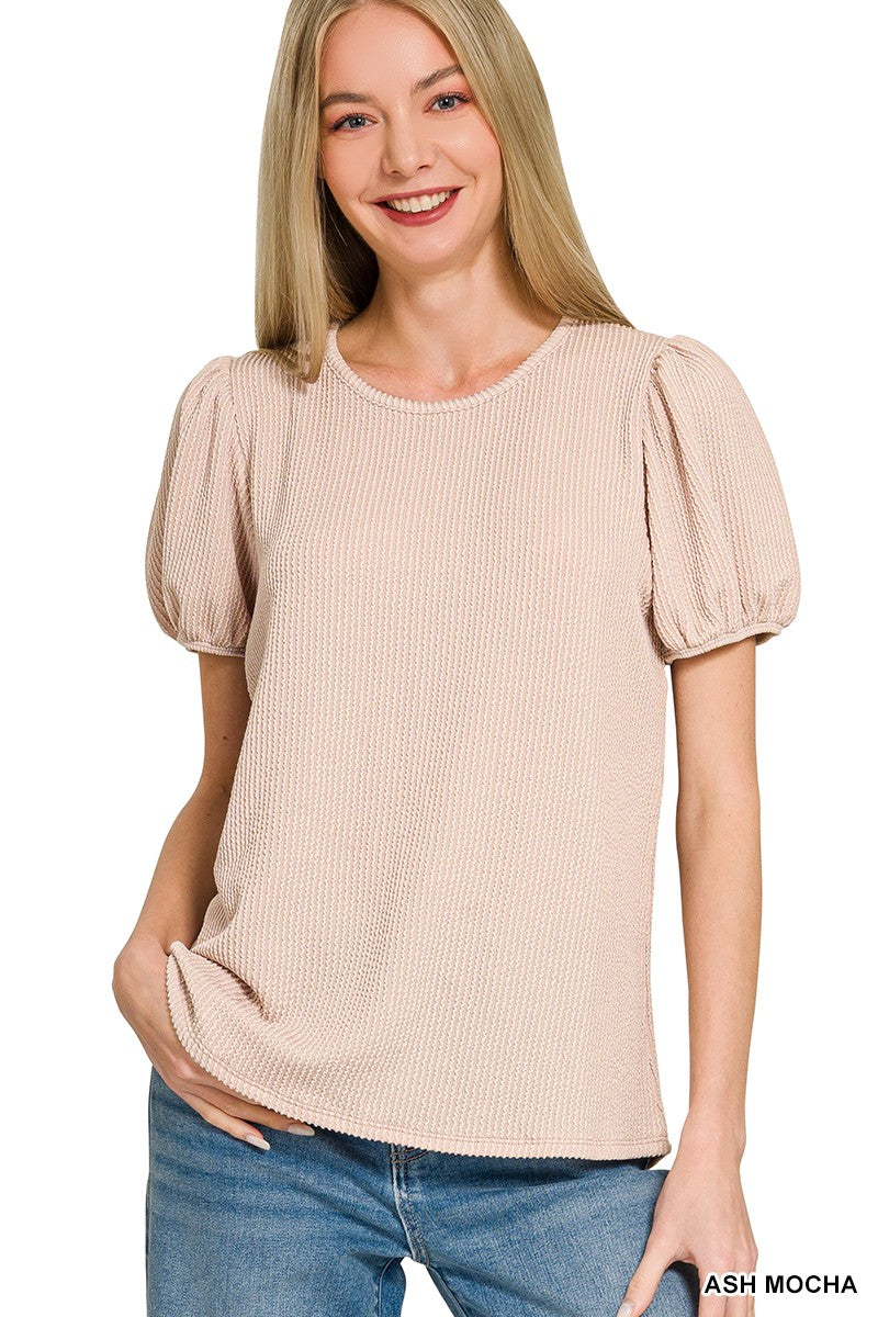 Ribbed Puff Sleeve Top - Ash Mocha