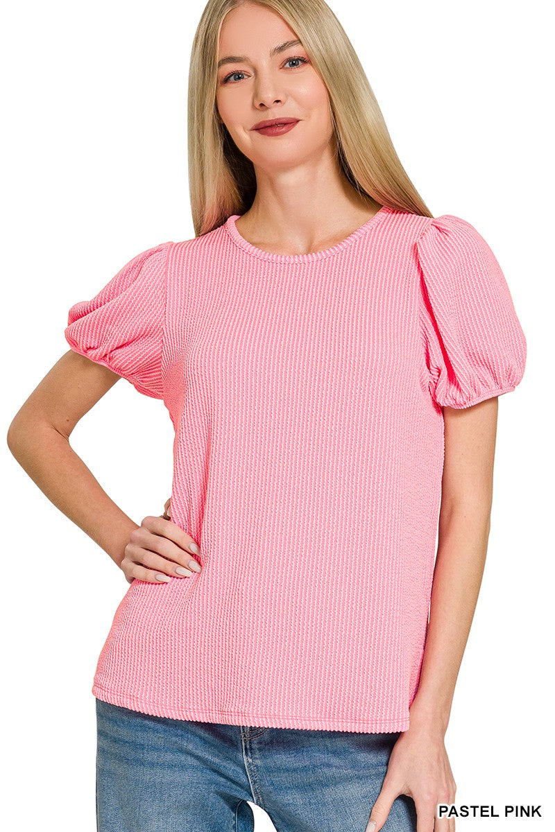 Ribbed Puff Sleeve Top - Pastel Pink