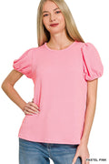 Ribbed Puff Sleeve Top - Pastel Pink