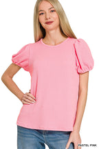 Ribbed Puff Sleeve Top - Pastel Pink