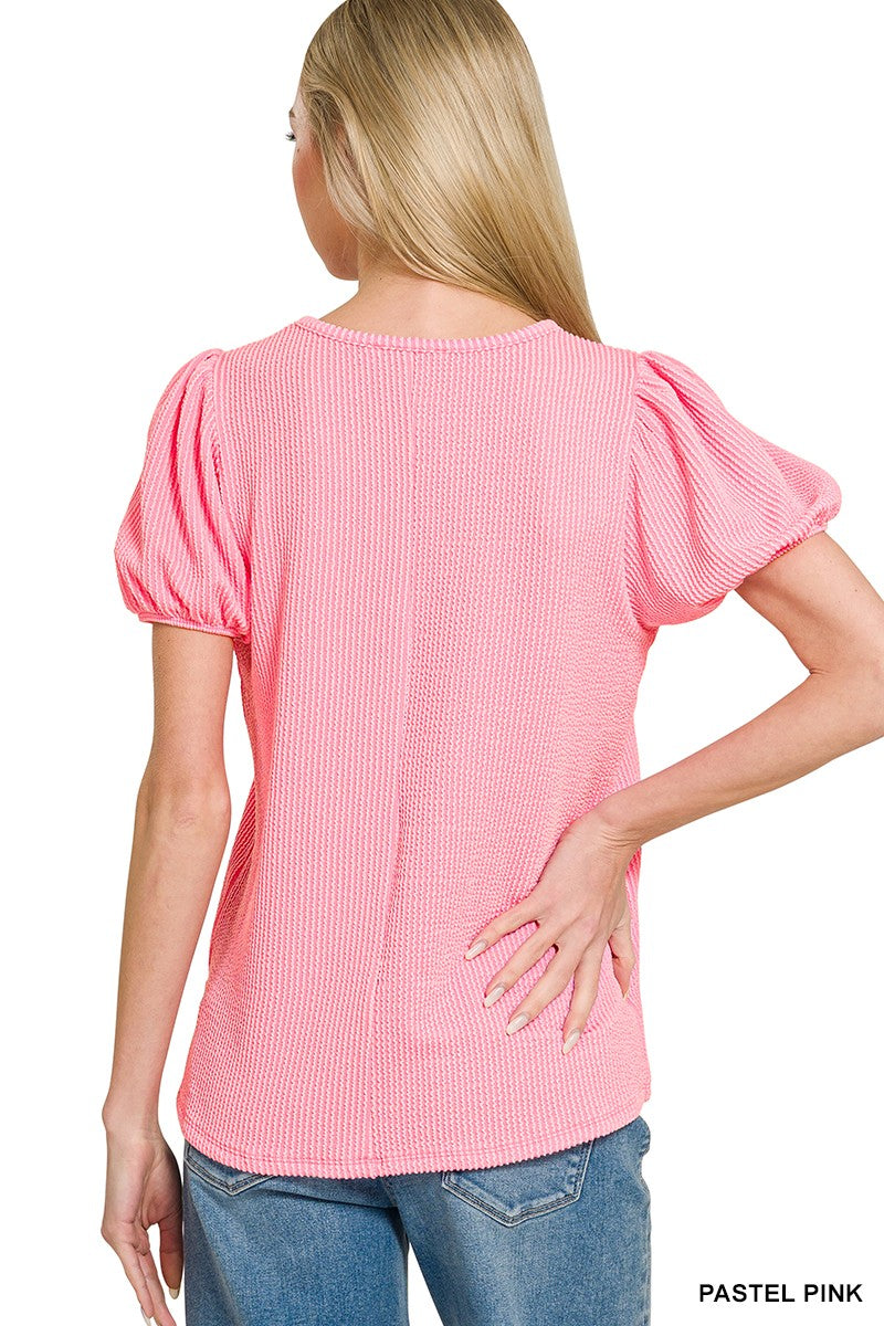 Ribbed Puff Sleeve Top - Pastel Pink