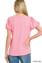 Ribbed Puff Sleeve Top - Pastel Pink