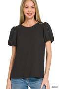 Ribbed Puff Sleeve Top - Black