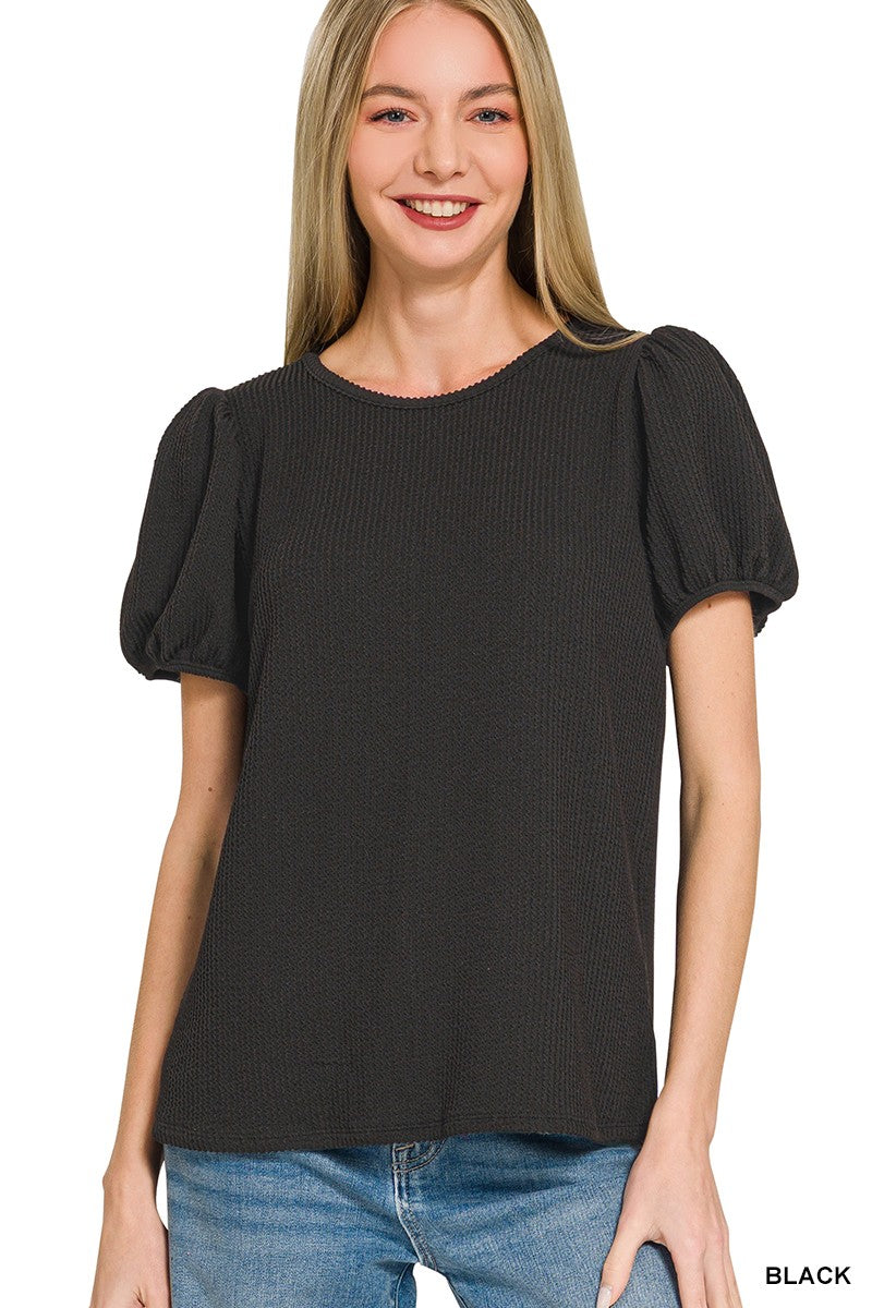 Ribbed Puff Sleeve Top - Black