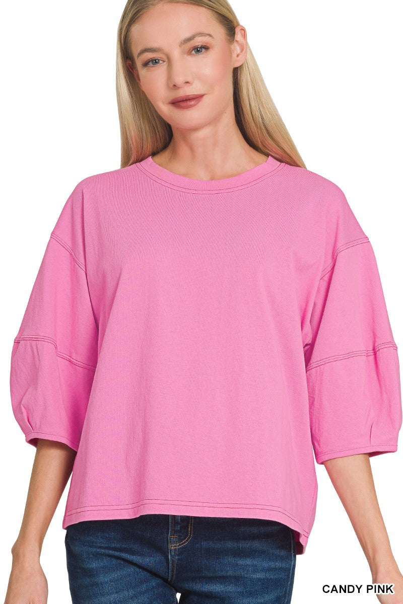 3/4 Balloon Sleeve Top - Candy Pink