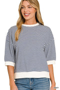 Striped Trim Rib Banded Tee - Navy