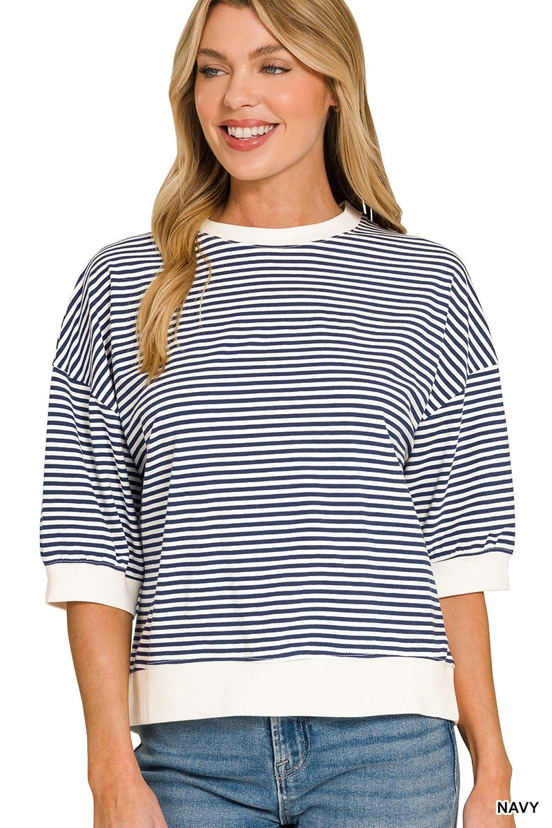 Striped Trim Rib Banded Tee - Navy