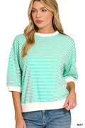 Striped Trim Rib Banded Tee - Mint