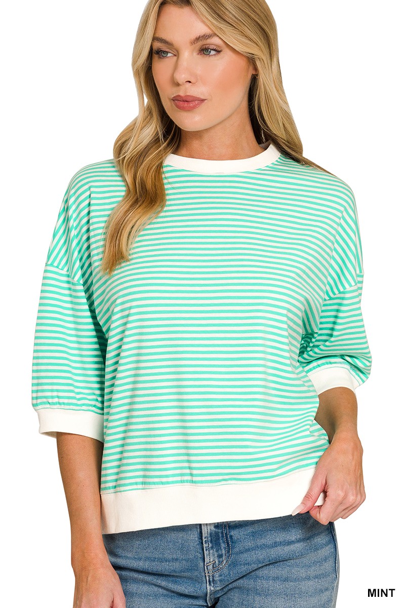 Striped Trim Rib Banded Tee - Mint