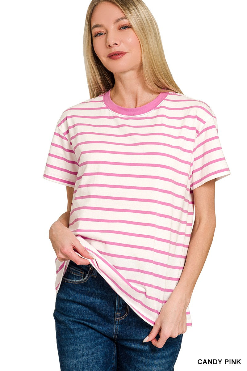 Striped Crewneck Tee - Candy Pink