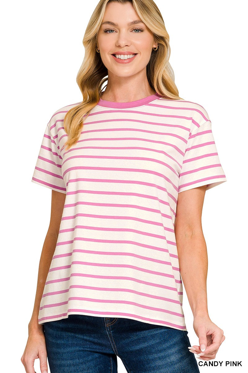 Striped Crewneck Tee - Candy Pink