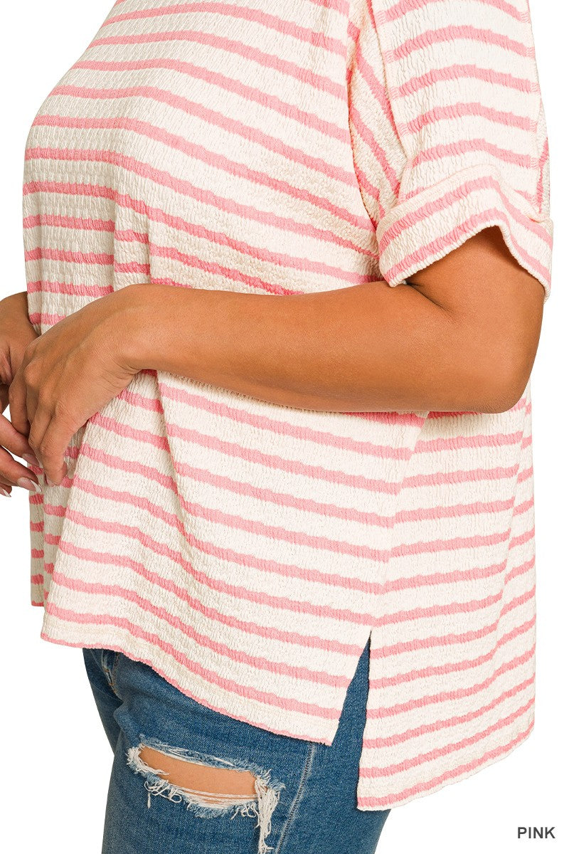 Striped High/Low Tee - Pink - Extended Size
