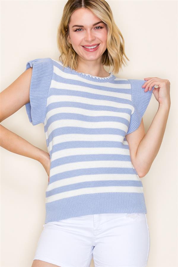 Striped Ruffle Sleeve Sweater Tee - Chambray