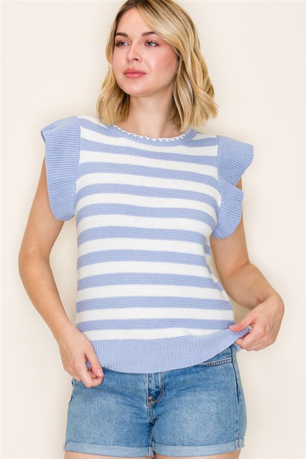 Striped Ruffle Sleeve Sweater Tee - Chambray