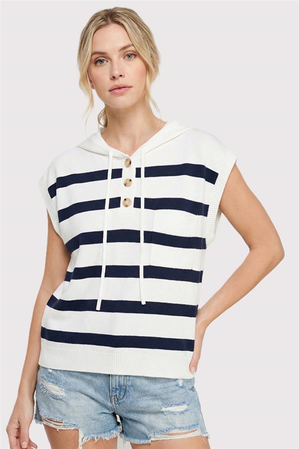 Hooded Striped Sweater Vest - Navy