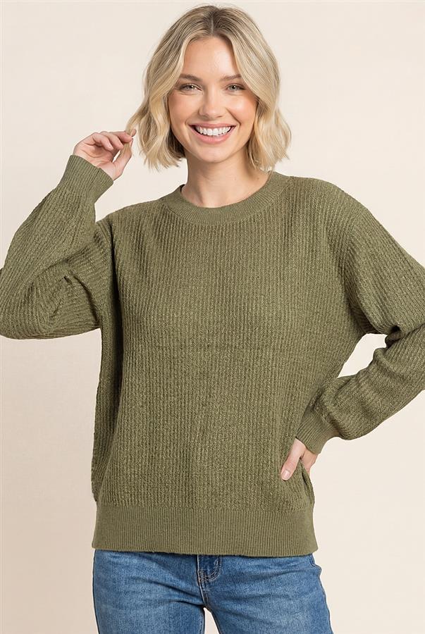 Textured Long Balloon Sleeve - Olive