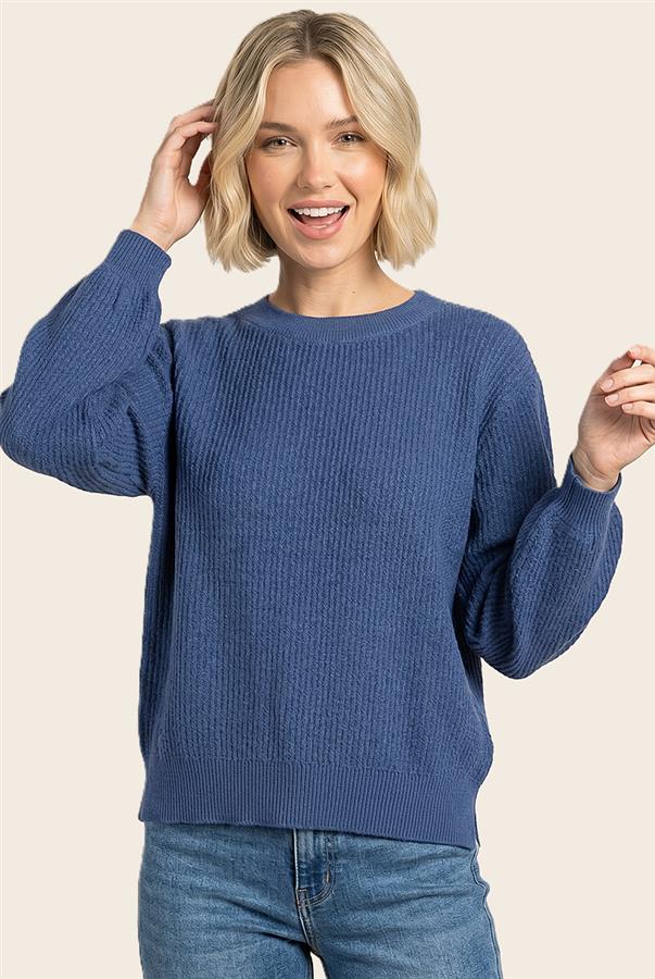 Textured Long Balloon Sleeve - Blue