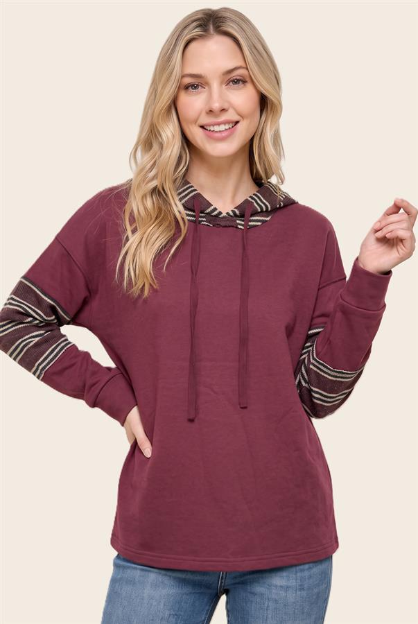 Hooded Striped Long Sleeve - Burgundy