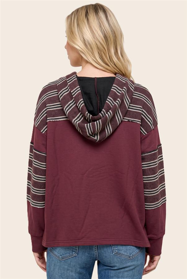 Hooded Striped Long Sleeve - Burgundy