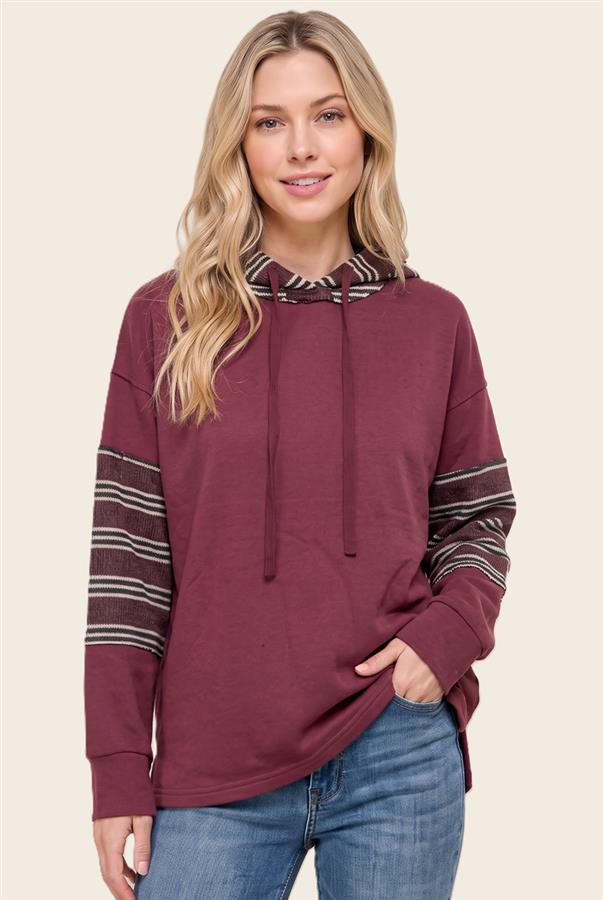 Hooded Striped Long Sleeve - Burgundy