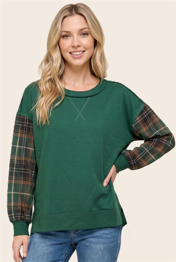 Plaid Sleeve Top - Hunter Green