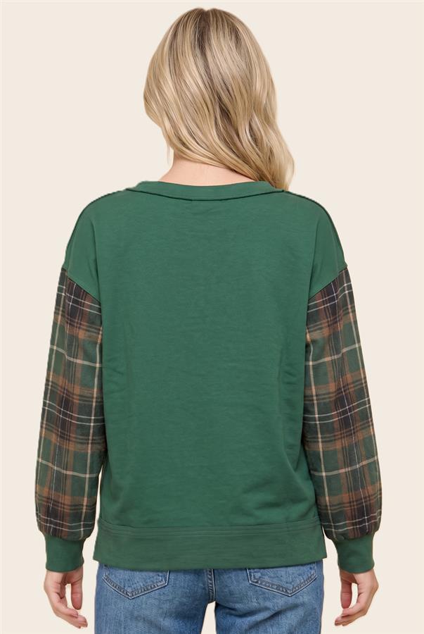 Plaid Sleeve Top - Hunter Green