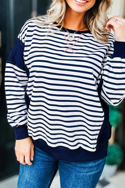 Striped Patchwork Crewneck - Blue - Extended Size