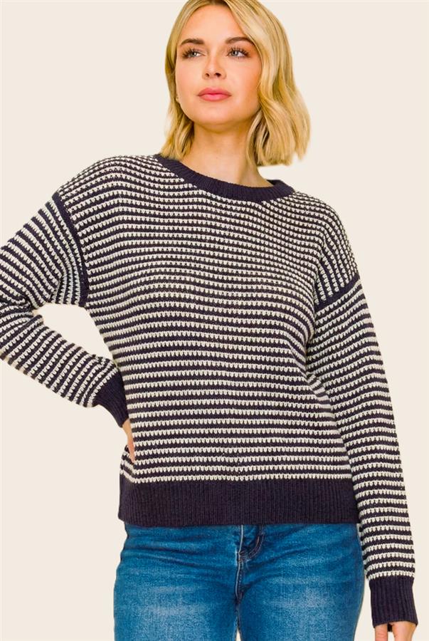 Striped Waffle Knit Sweater - Eggplant/White