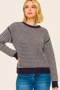 Striped Waffle Knit Sweater - Eggplant/White