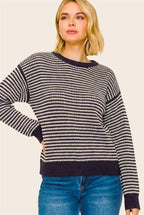 Striped Waffle Knit Sweater - Eggplant/White