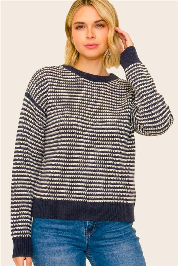 Striped Waffle Knit Sweater - Eggplant/White