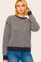 Striped Waffle Knit Sweater - Eggplant/White