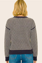 Striped Waffle Knit Sweater - Eggplant/White