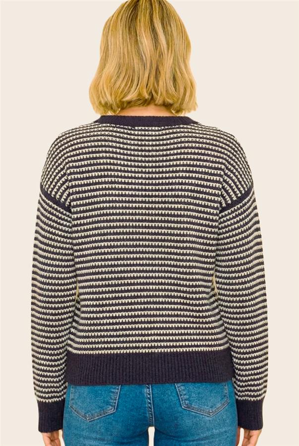 Striped Waffle Knit Sweater - Eggplant/White