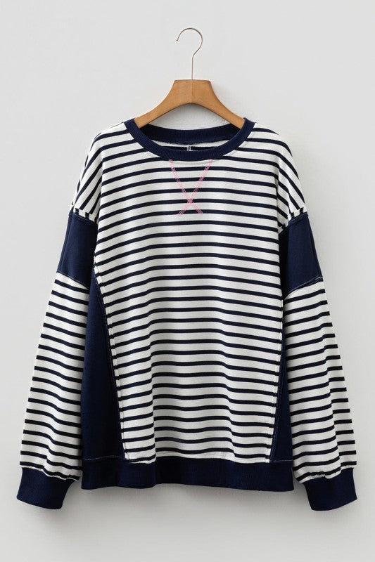 Striped Patchwork Crewneck - Blue - Extended Size