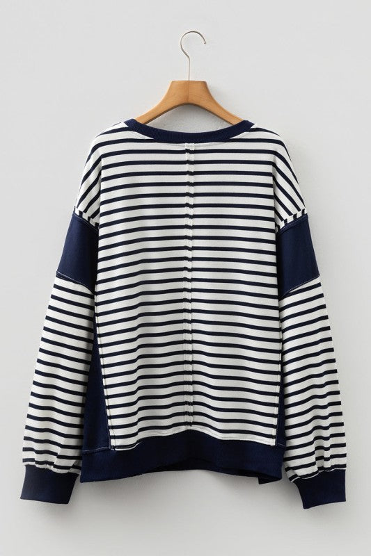 Striped Patchwork Crewneck - Blue - Extended Size
