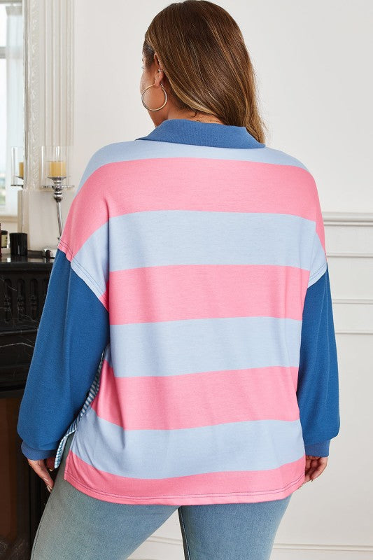 Colorblock Half-Zip Sweatshirt - Blue/Pink - Extended Size