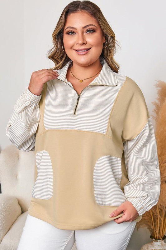 Striped Half-Zip Sweatshirt - Khaki - Extended Size
