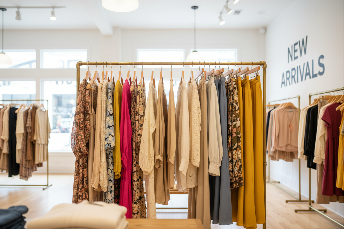 New Arrivals, clothes hanging on a rack of different styles